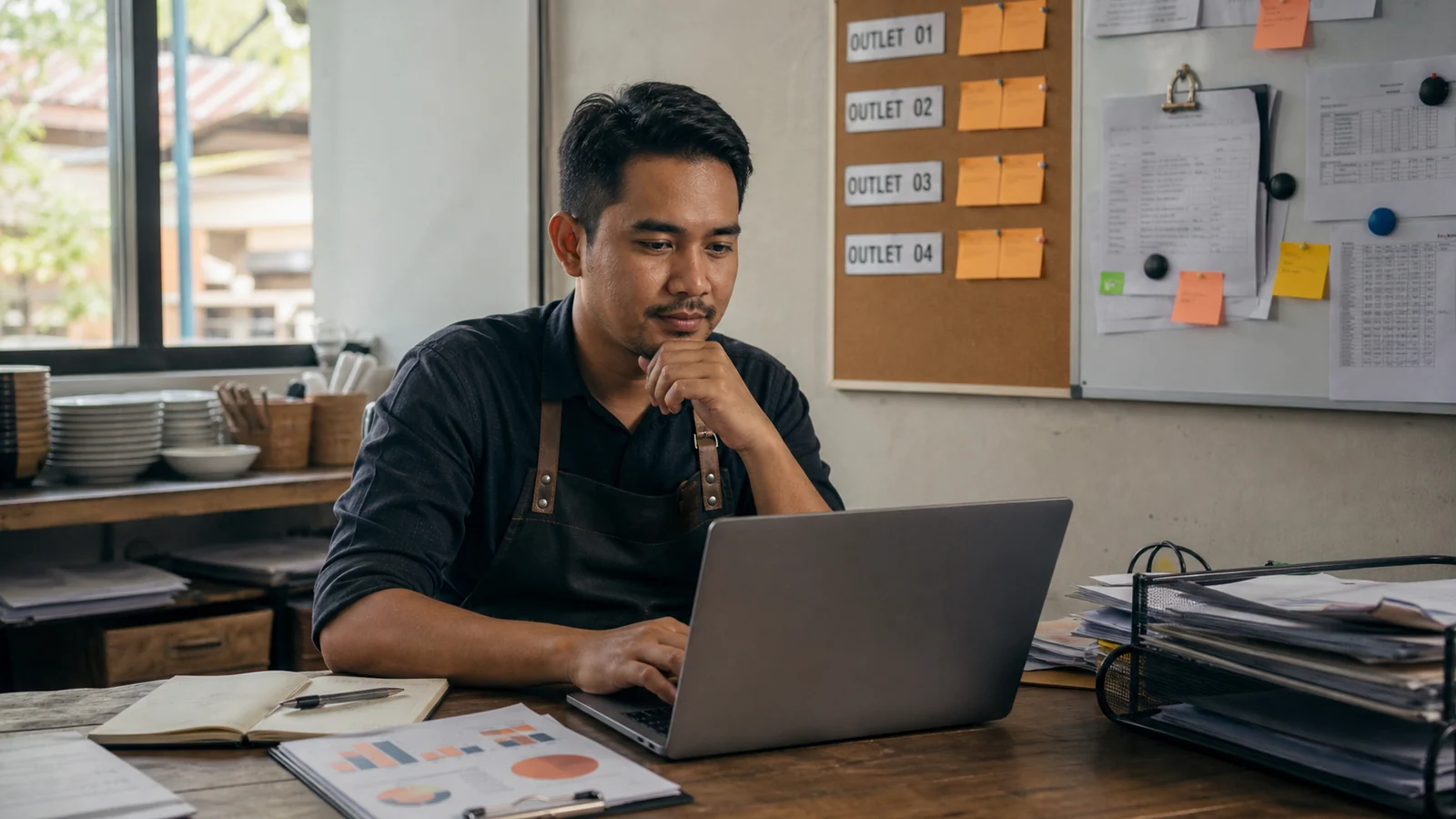 Pemilik bisnis meninjau data operasional beberapa outlet dari laptop