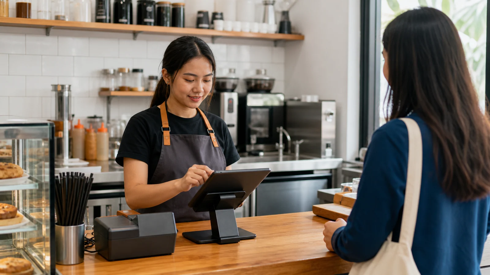 Kasir menggunakan sistem POS tablet di counter kafe