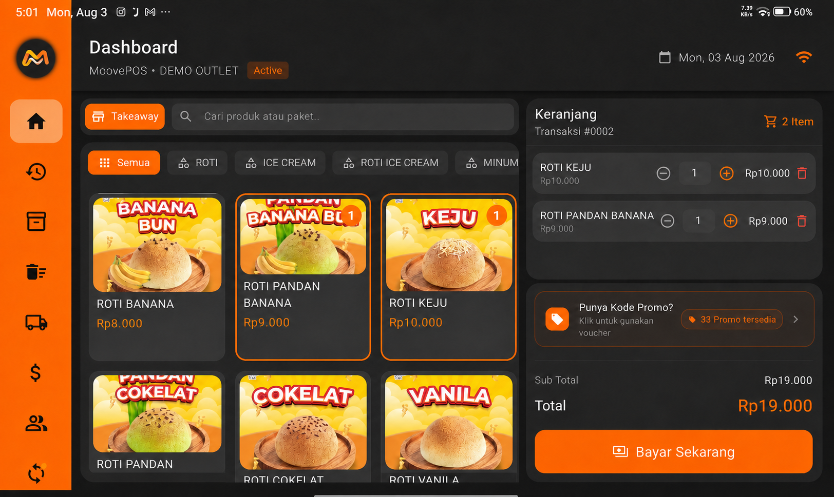 Tampilan kasir MoovePOS dengan identitas visual MoovePOS dan data demo