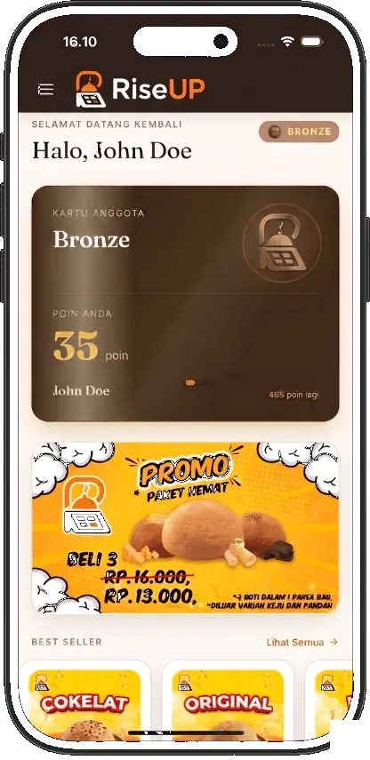 Tampilan kartu member Moove POS Bakery: poin 1.250, tier Gold, dan voucher aktif